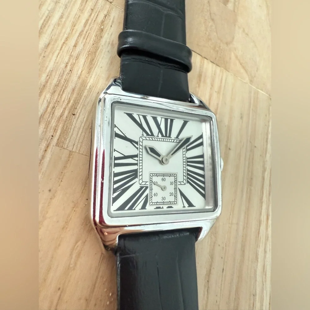 Vicence 925 Sterling silver square black leather dress watch NEW BATTERY